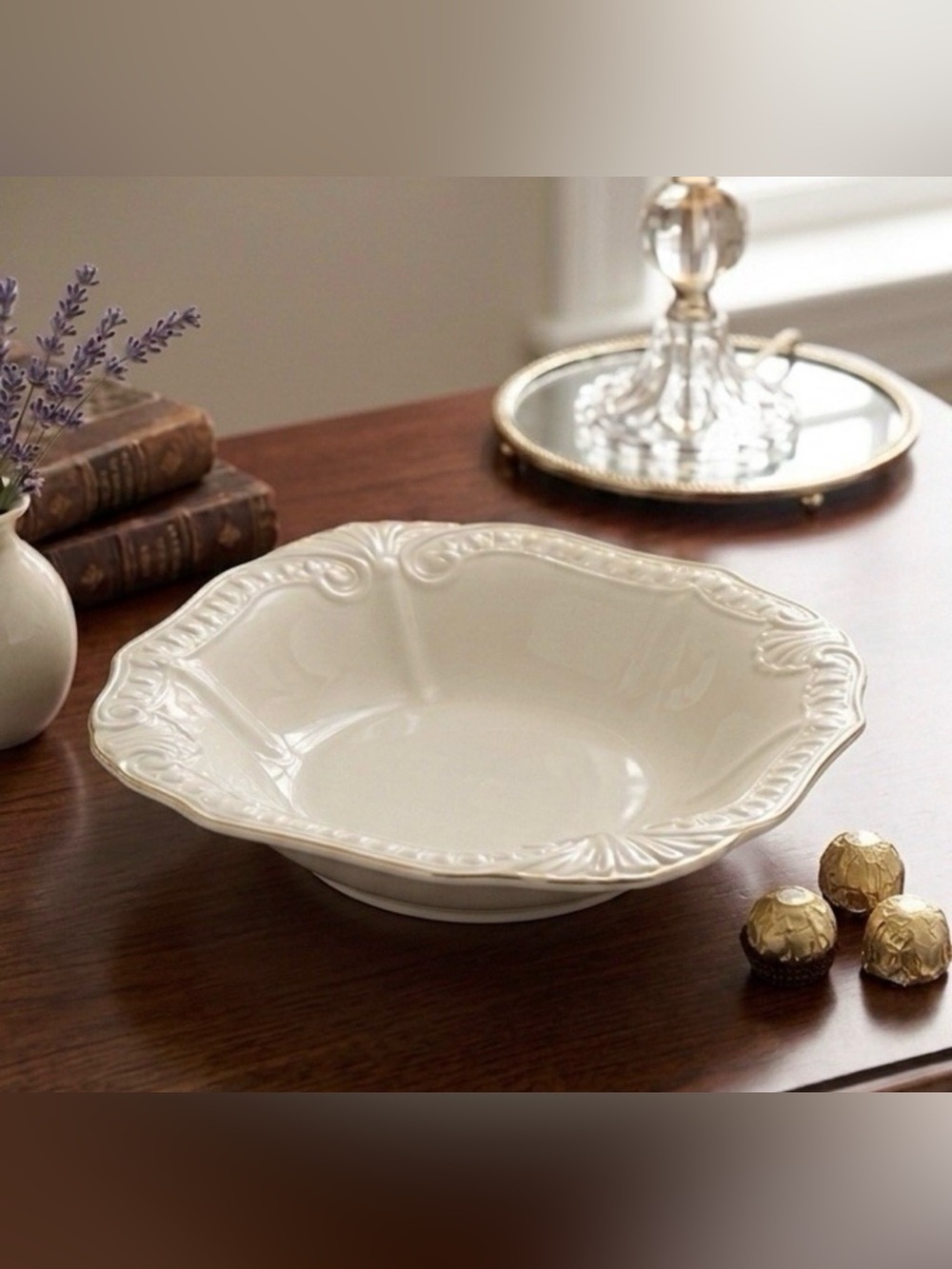 LENOX Chadwick 8.5" Candy Dish Bowl Embossed Cream Porcelain Gold Trim USA